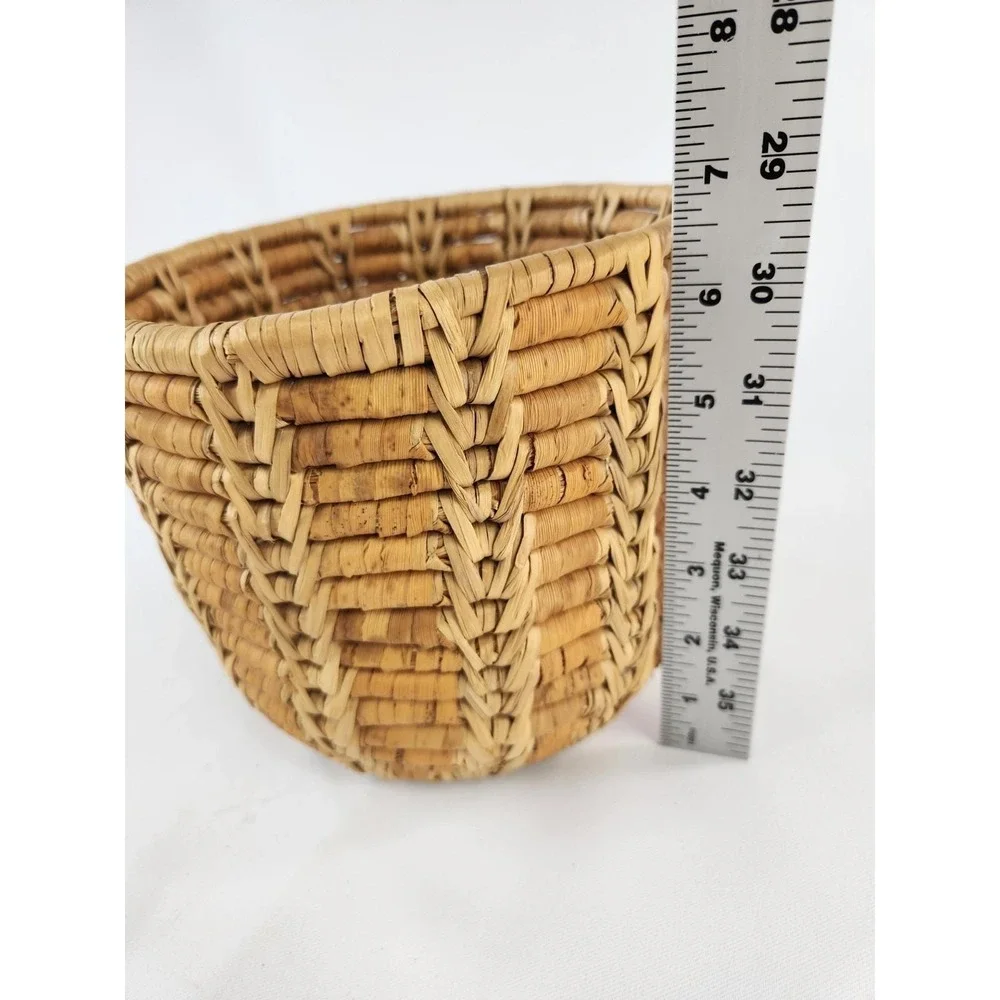 Vintage Primitive Coil Basket Grass Hand Woven Brown Tan Planter Pot Decor Thick